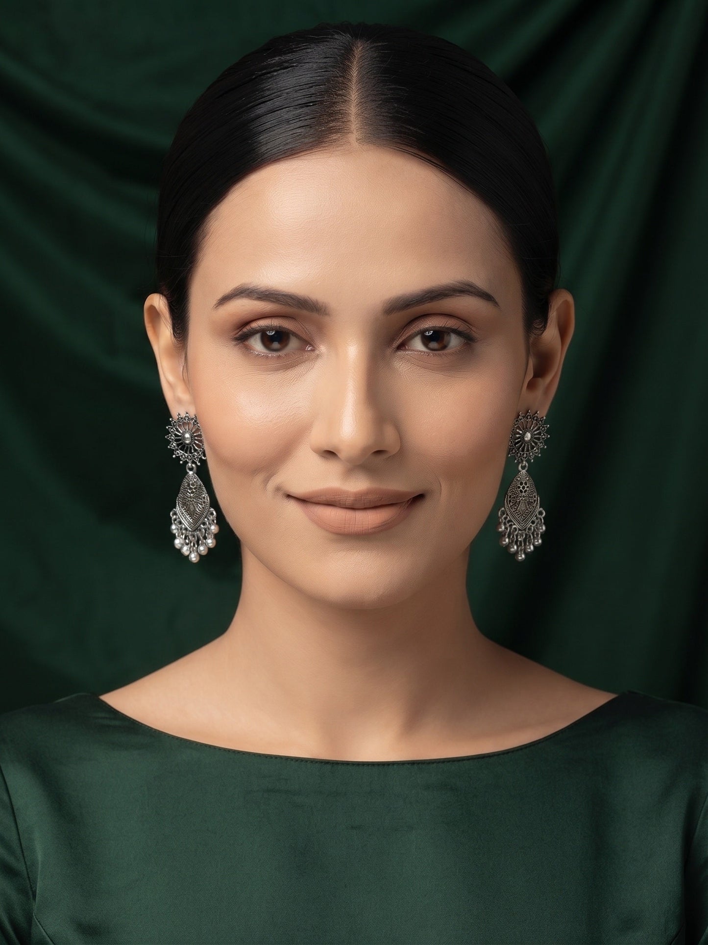 Silver Plated Oxidized Fancy Drop Earrings