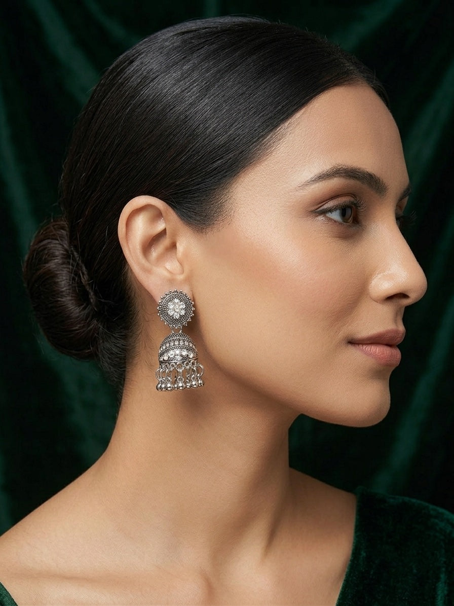 Silver Plated Oxidized Fancy Jhumka Earrings