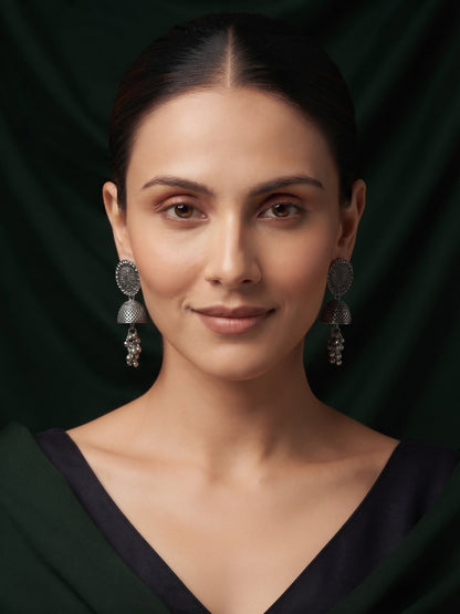 Silver Plated Oxidized Fancy Jhumka Earrings