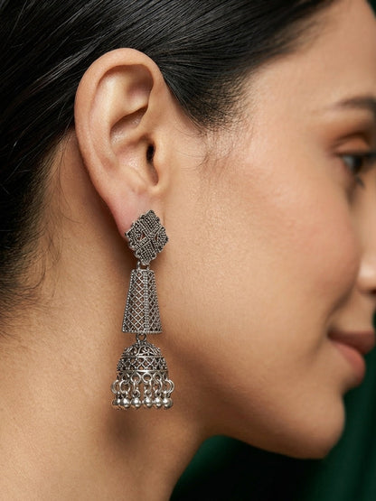 Silver Plated Oxidized Fancy Jhumka Earrings