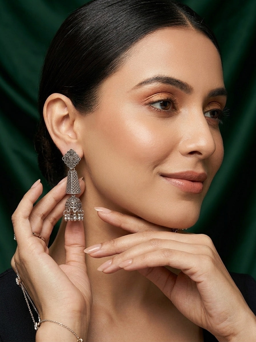 Silver Plated Oxidized Fancy Jhumka Earrings