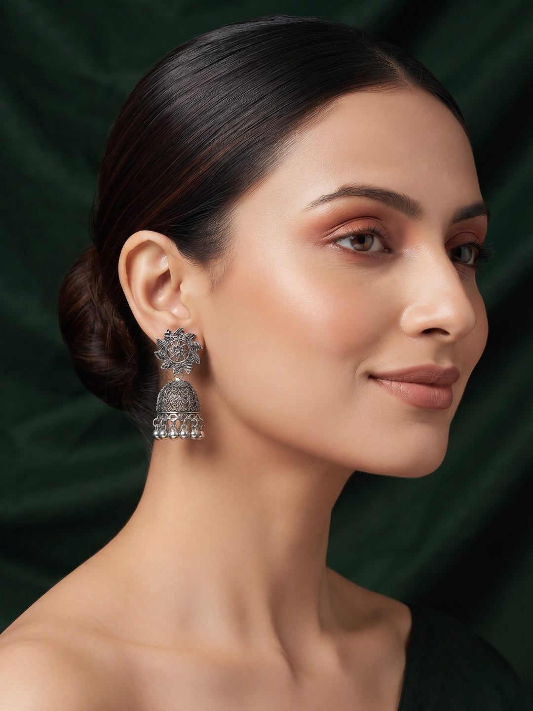 Silver Plated Oxidized Fancy Jhumka Earrings