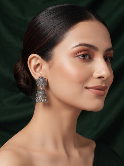Silver Plated Oxidized Fancy Jhumka Earrings