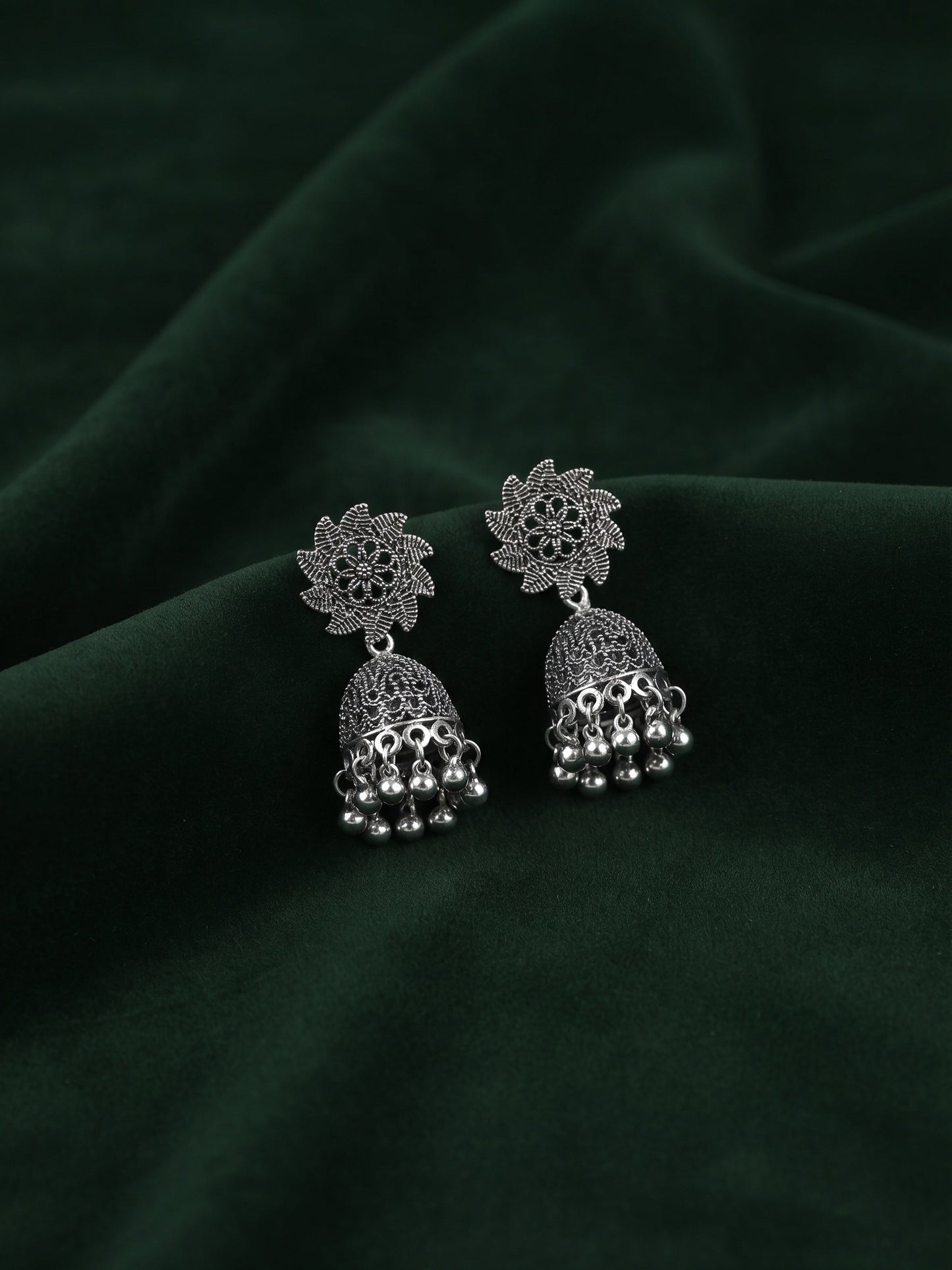 Silver Plated Oxidized Fancy Jhumka Earrings