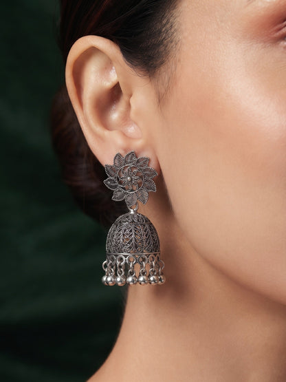 Silver Plated Oxidized Fancy Jhumka Earrings