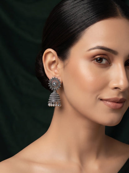 Silver Plated Oxidized Fancy Jhumka Earrings