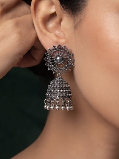 Silver Plated Oxidized Fancy Jhumka Earrings
