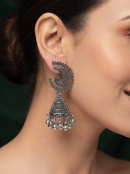 Silver Plated Oxidized Fancy Jhumka Earrings