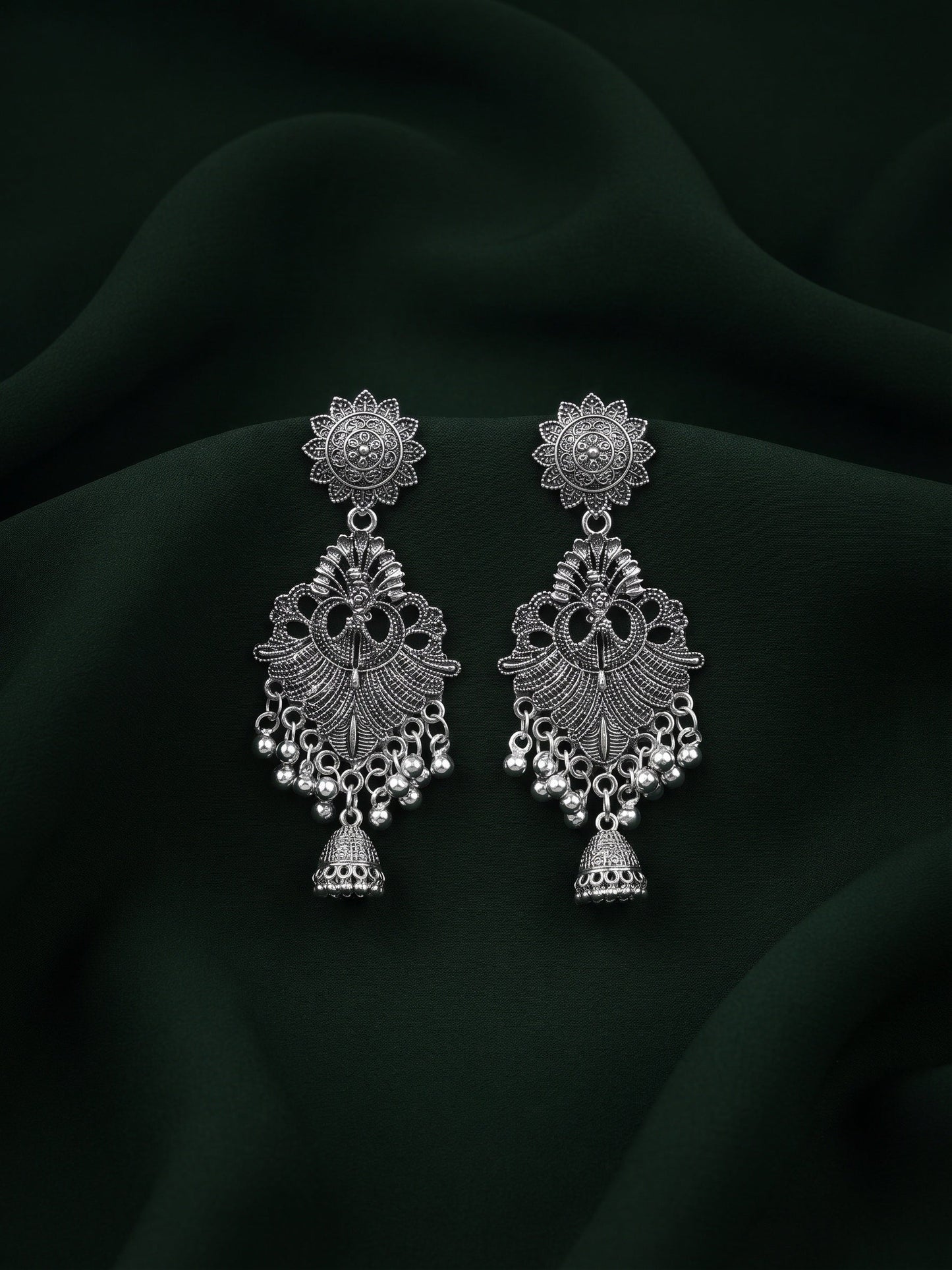 Silver Plated Oxidized Fancy Jhumka Earrings