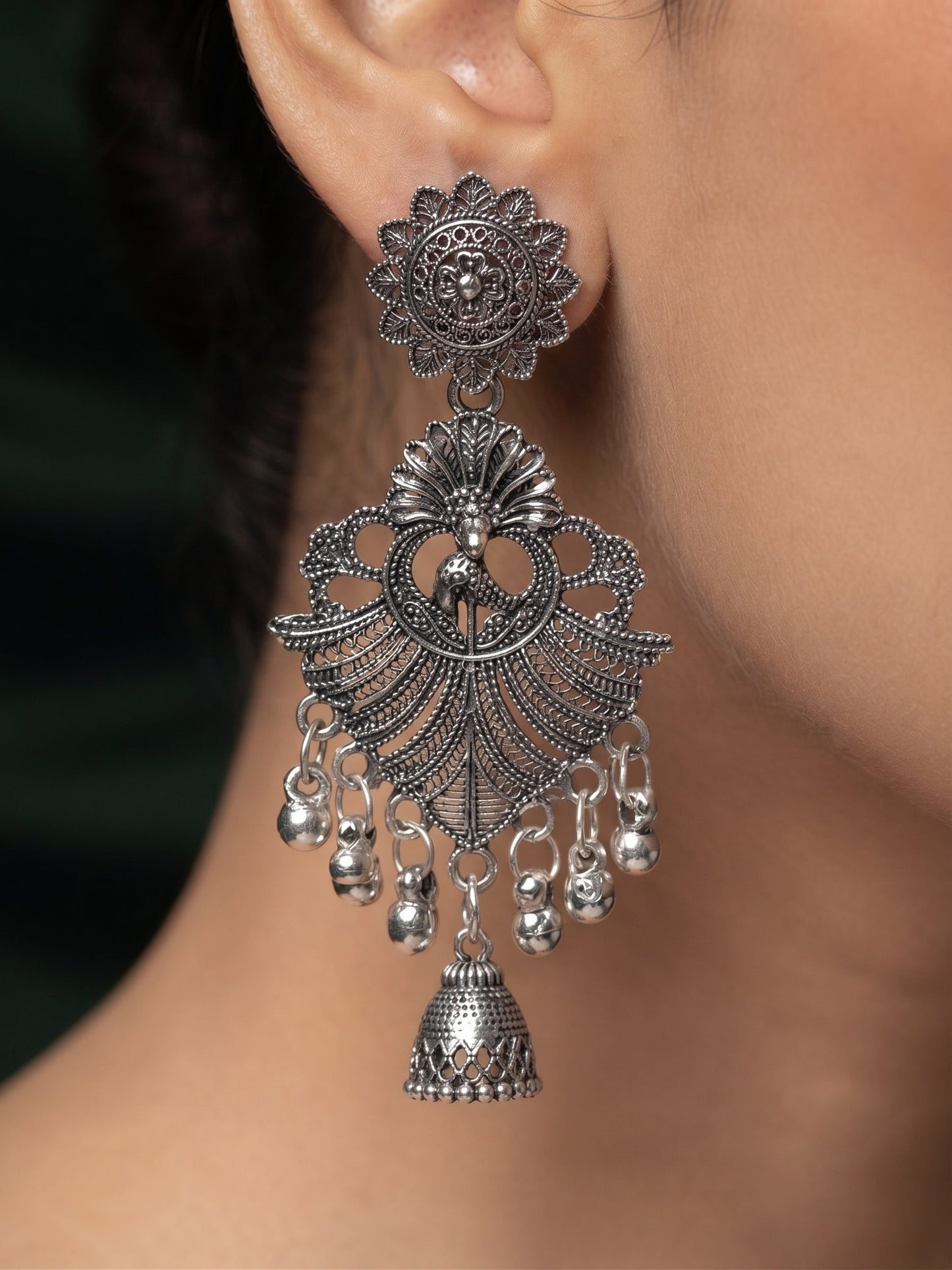 Silver Plated Oxidized Fancy Jhumka Earrings