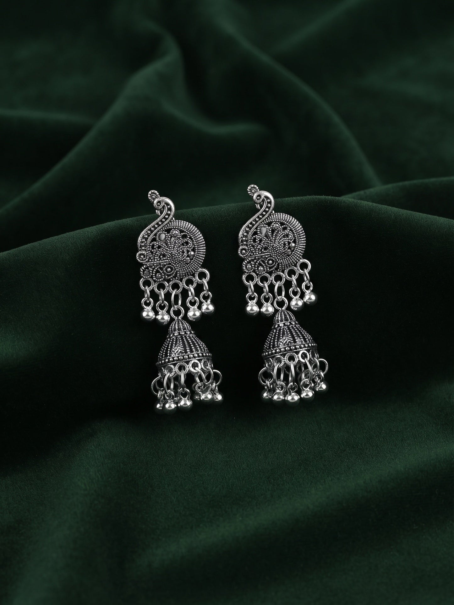 Silver Plated Oxidized Fancy Jhumka Earrings