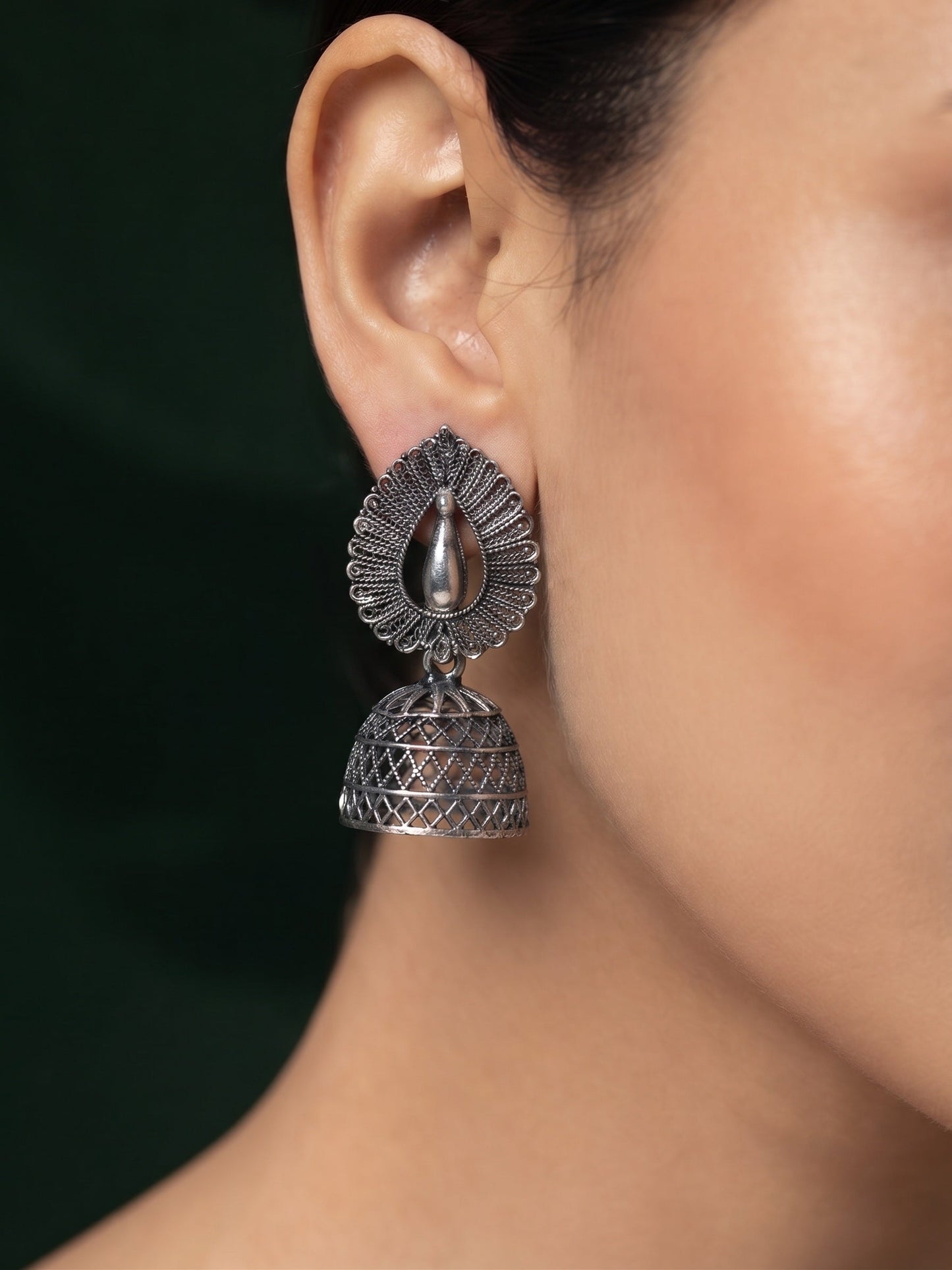 Silver Plated Oxidized Fancy Jhumka Earrings