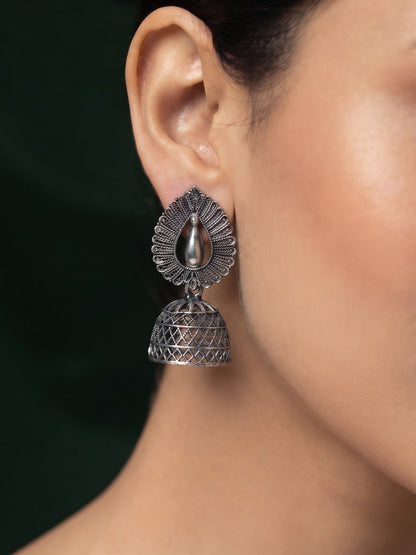 Silver Plated Oxidized Fancy Jhumka Earrings