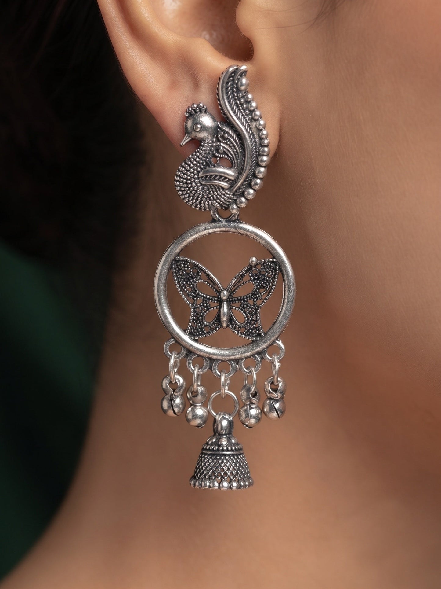 Silver Plated Oxidized Fancy Drop Earrings
