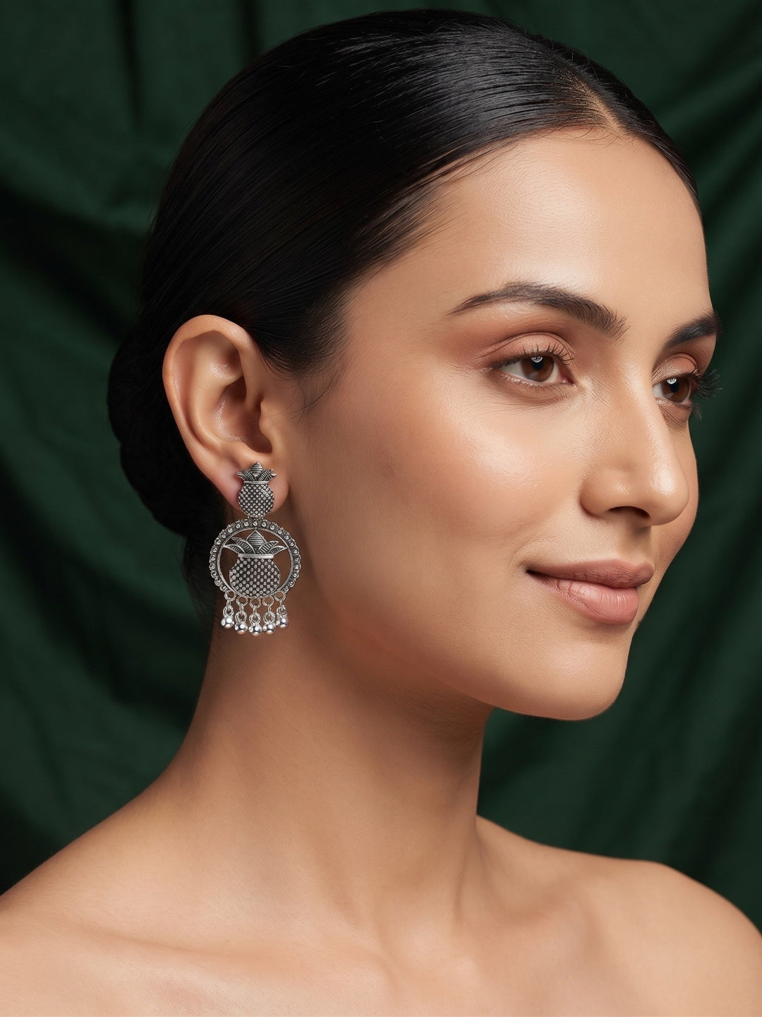 Silver Plated Oxidized Kalash Drop Earrings