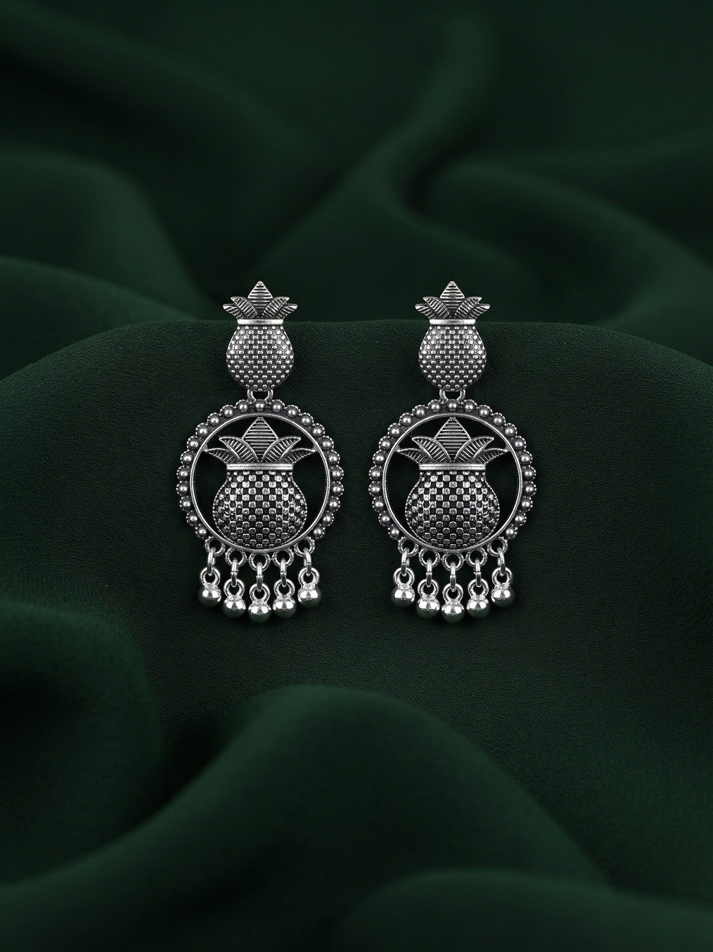 Silver Plated Oxidized Kalash Drop Earrings
