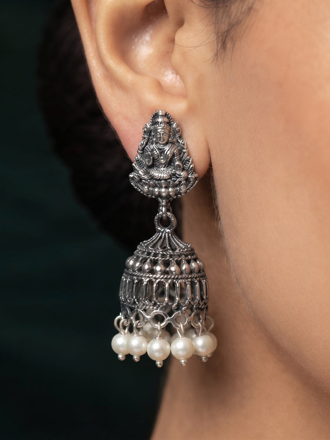 Silver Plated Oxidized Temple Jhumka Earrings