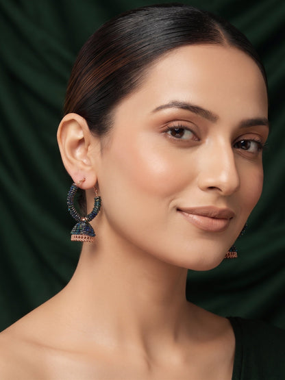 Gold Plated Stylish Blue Beaded Jhumka Earrings