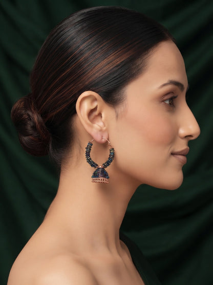Gold Plated Stylish Blue Beaded Jhumka Earrings