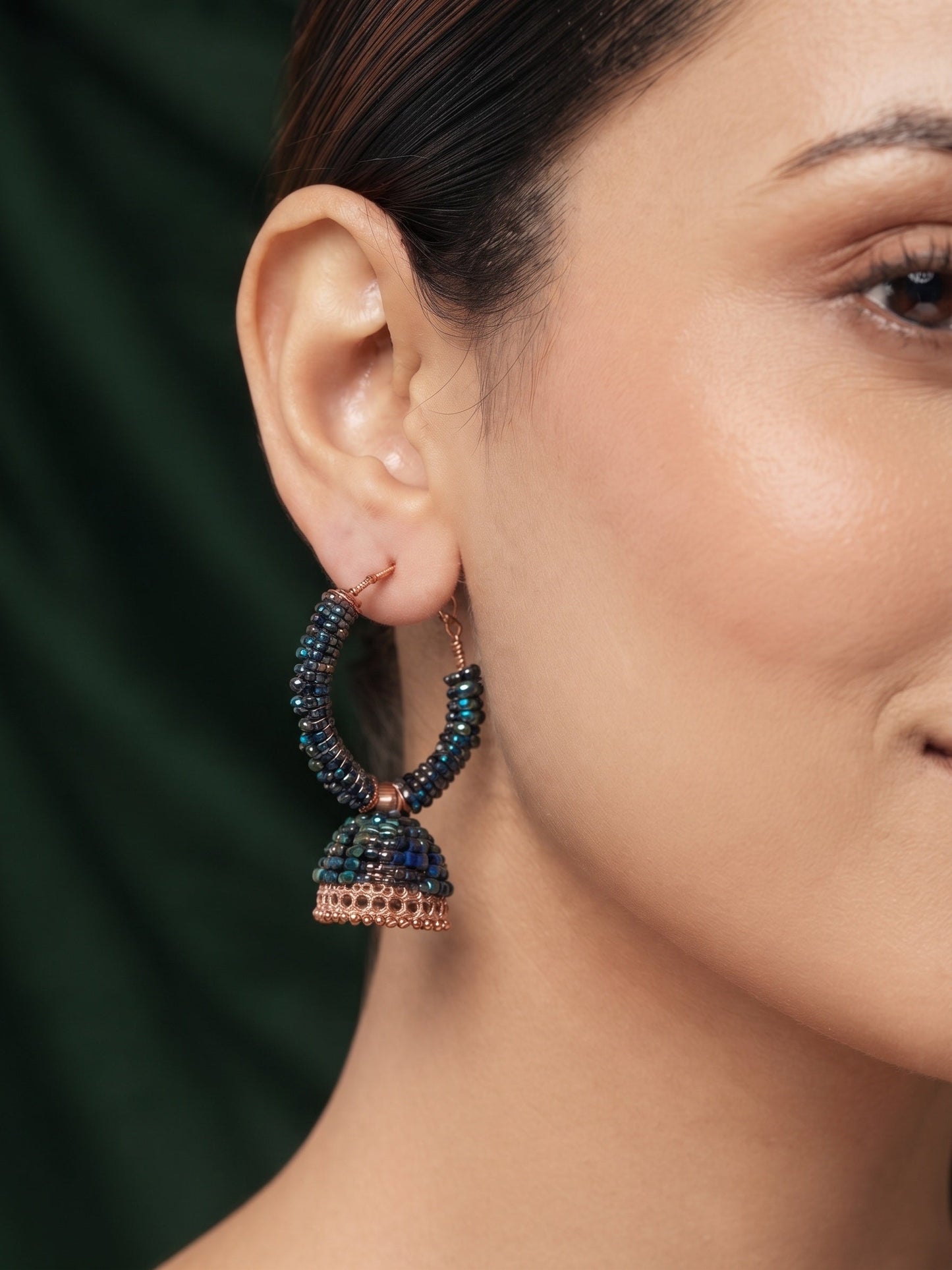 Gold Plated Stylish Blue Beaded Jhumka Earrings