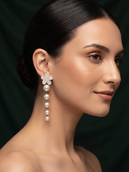 Fancy White Flower With Pearls Drop Earrings