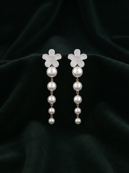 Fancy White Flower With Pearls Drop Earrings
