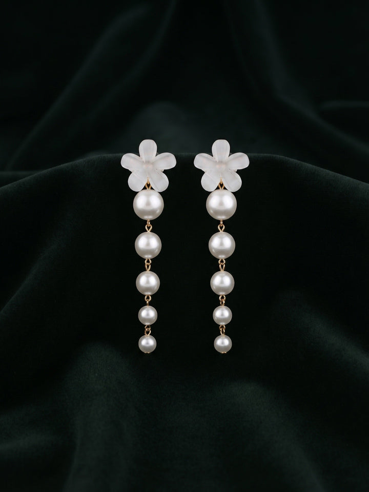 Fancy White Flower With Pearls Drop Earrings