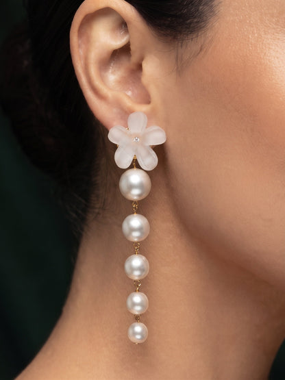 Fancy White Flower With Pearls Drop Earrings