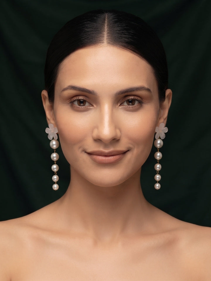 Fancy White Flower With Pearls Drop Earrings