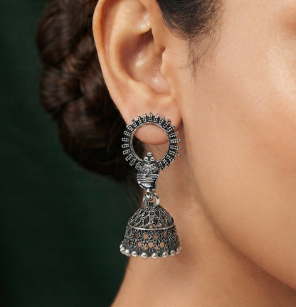 Silver Plated Oxidized Fancy Jhumka Earrings