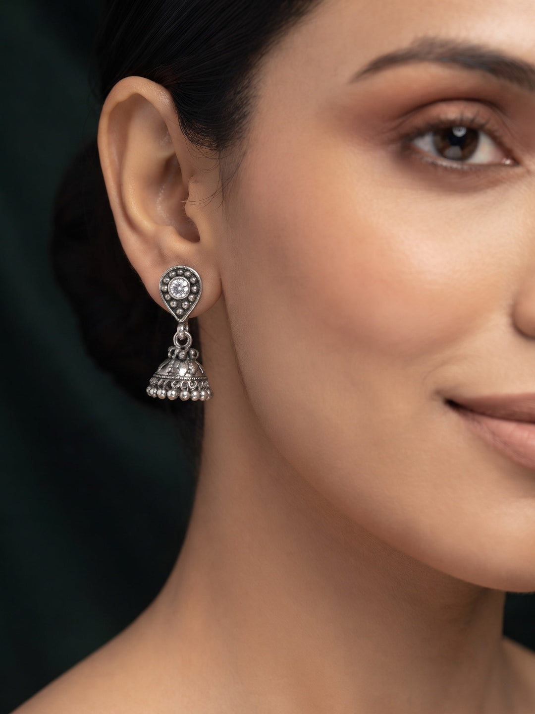 Silver Plated Oxidized With Beaded Jhumka