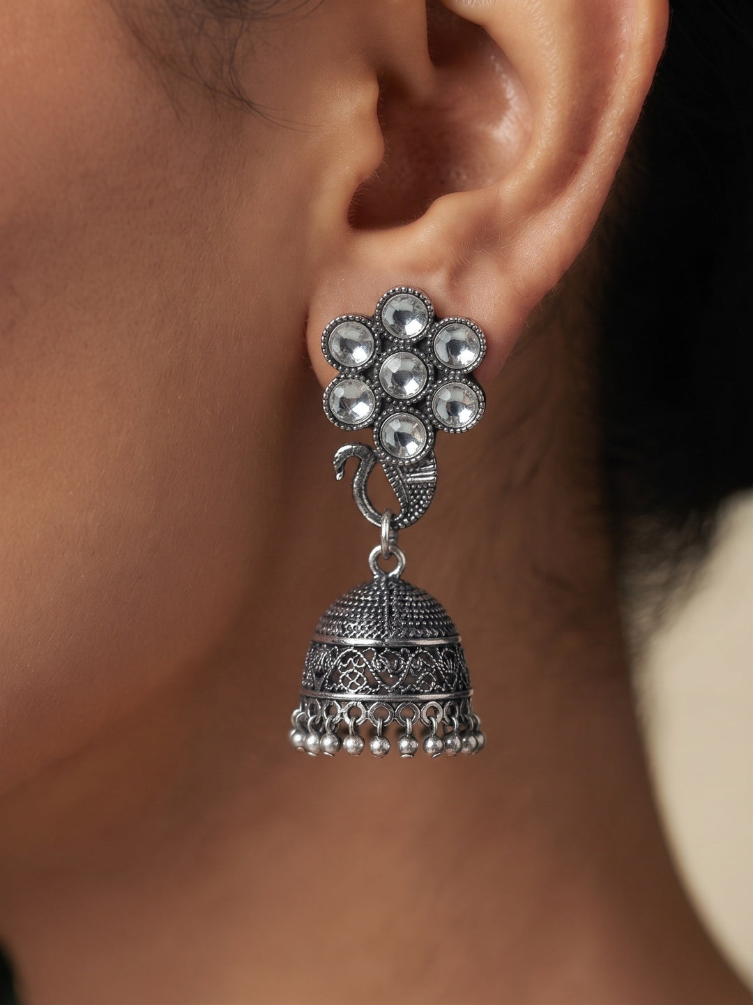 Silver Plated Oxidized With Beaded Jhumka