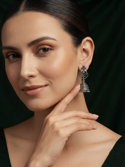 Silver Plated Oxidized With Beaded Jhumka
