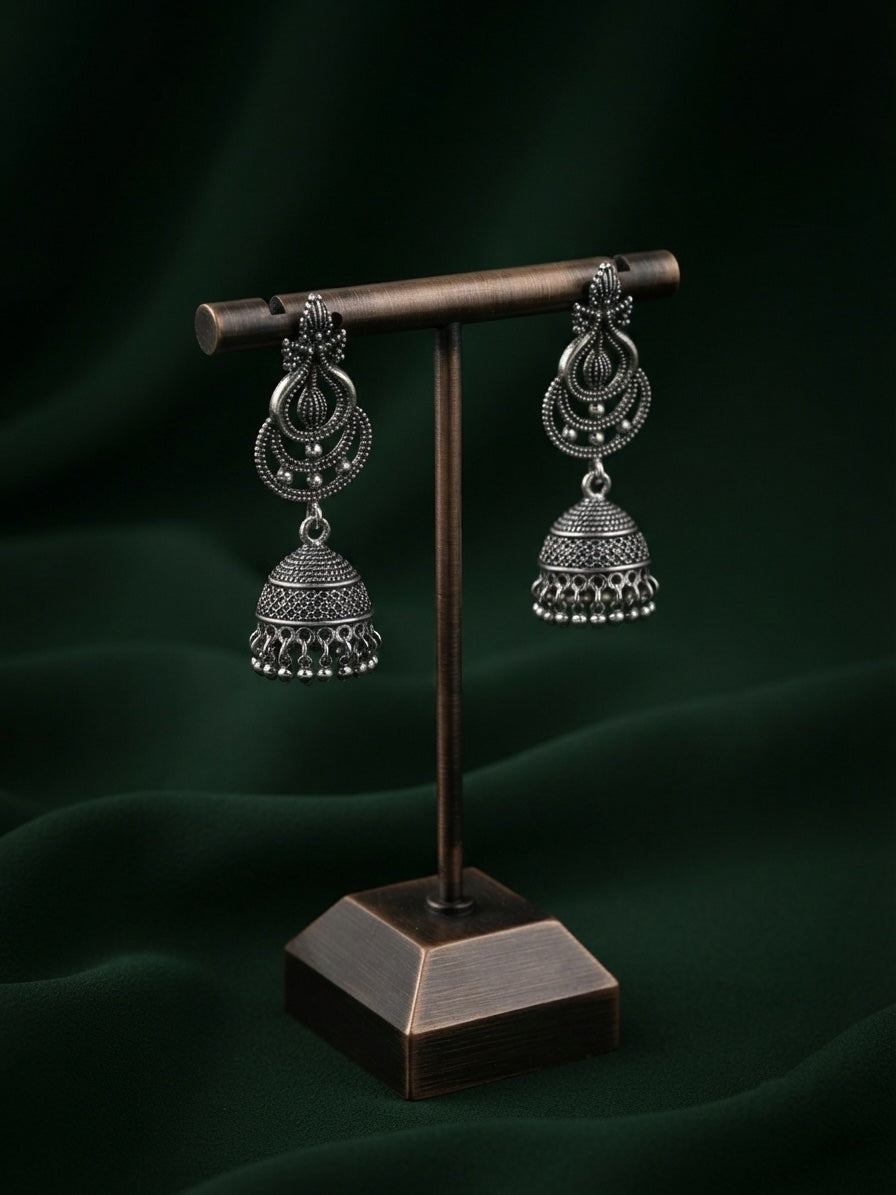 Silver Plated Oxidized With Beaded Jhumka
