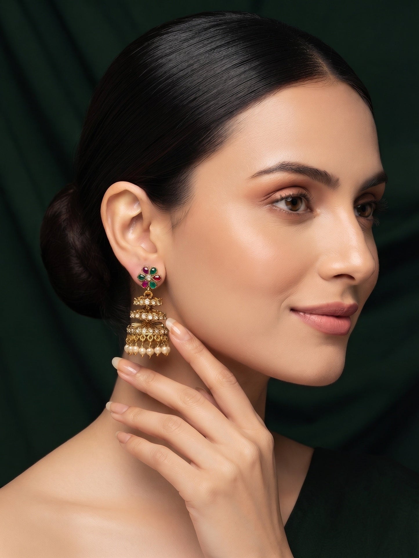 Gold Plated With Pearls Beaded Traditional Jhumka