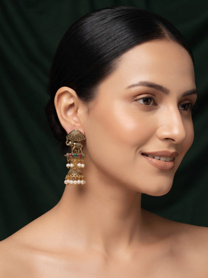 Gold Plated Oxidized With Beaded Traditional Jhumka