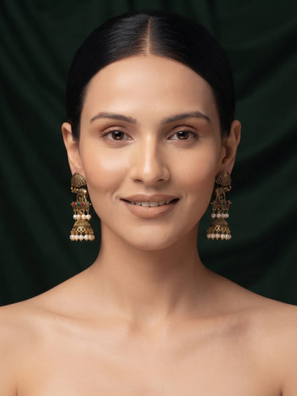 Gold Plated Oxidized With Beaded Traditional Jhumka