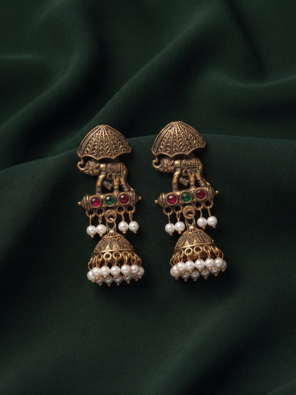 Gold Plated Oxidized With Beaded Traditional Jhumka