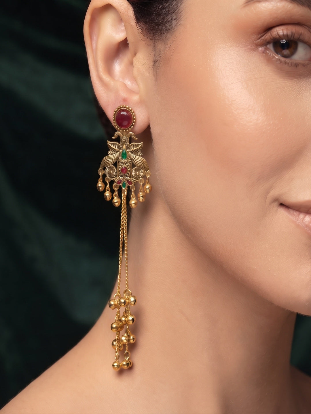 Gold-Toned Oxidised Long Chain Drop Earrings with Ghungroo Charms