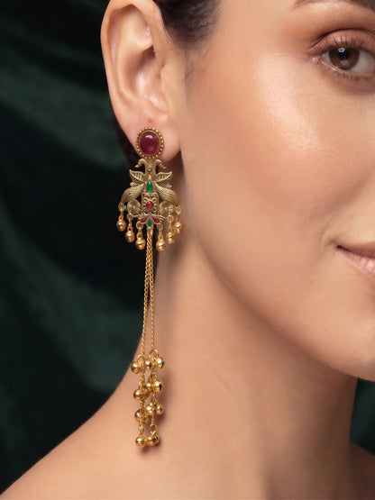 Gold-Toned Oxidised Long Chain Drop Earrings with Ghungroo Charms