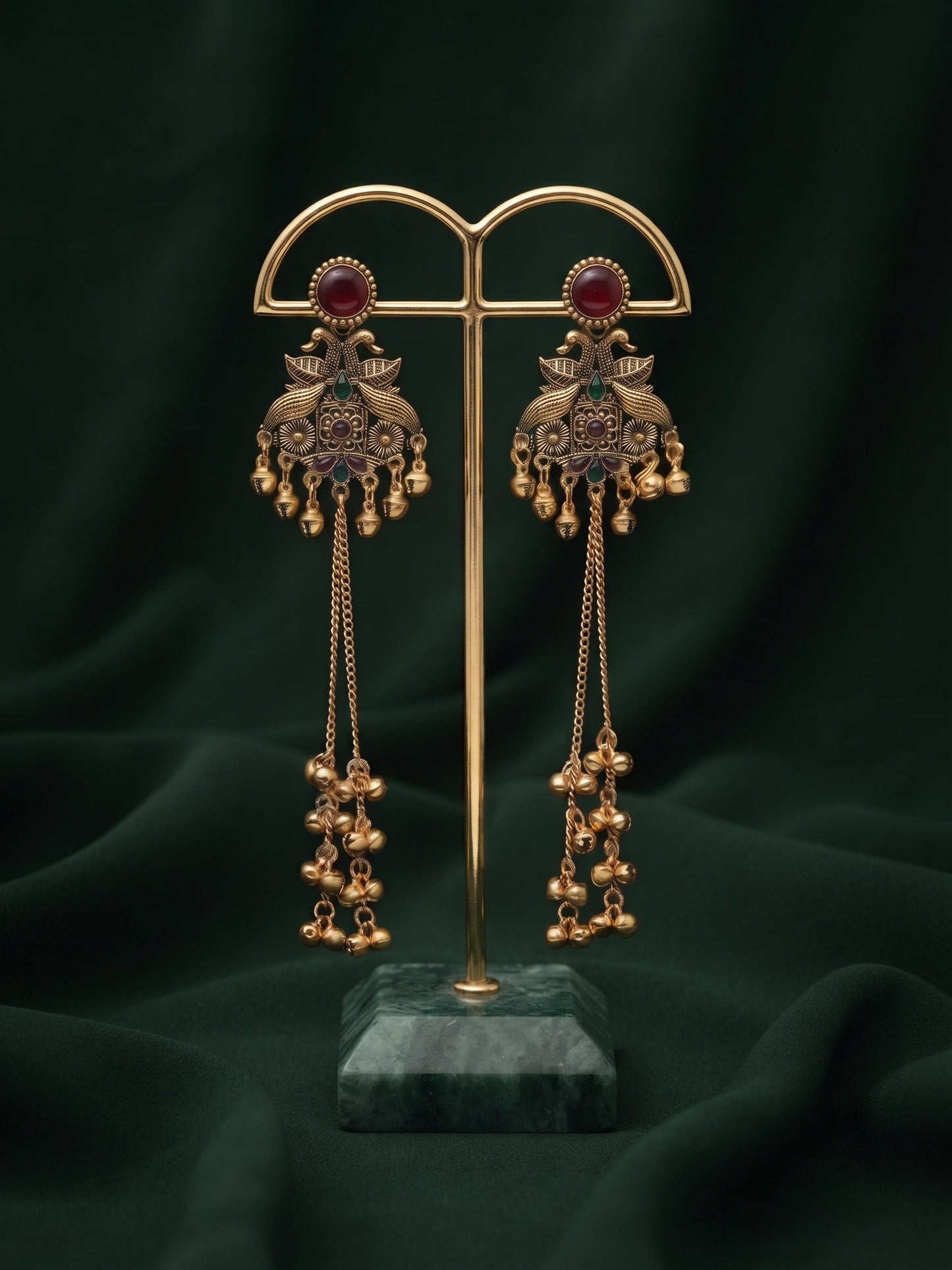 Gold-Toned Oxidised Long Chain Drop Earrings with Ghungroo Charms