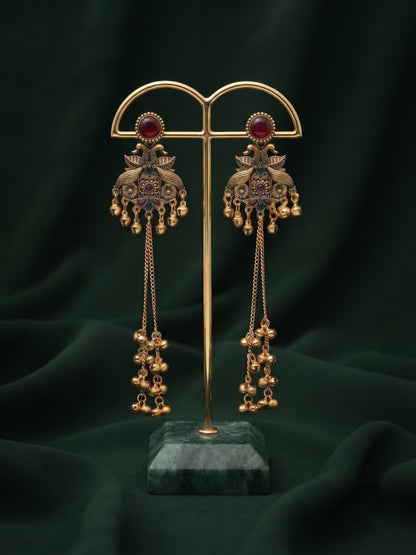 Gold-Toned Oxidised Long Chain Drop Earrings with Ghungroo Charms