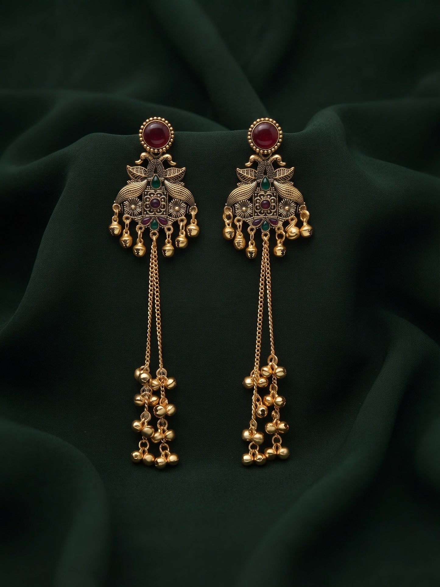 Gold-Toned Oxidised Long Chain Drop Earrings with Ghungroo Charms