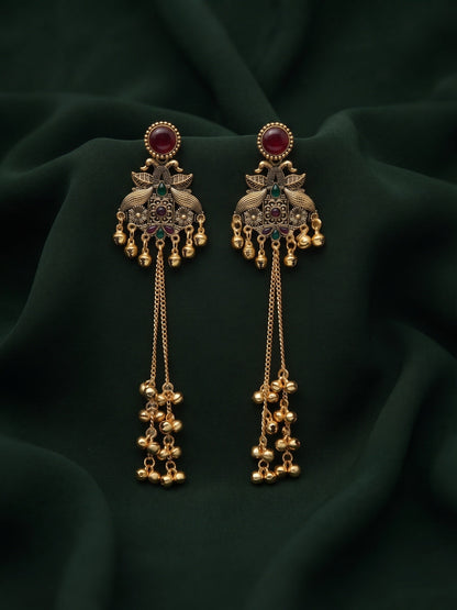 Gold-Toned Oxidised Long Chain Drop Earrings with Ghungroo Charms