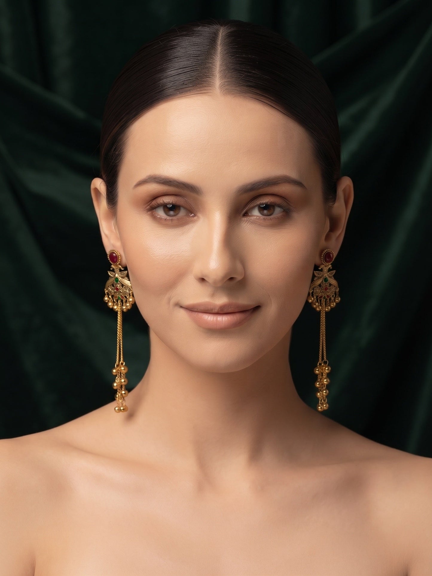 Gold-Toned Oxidised Long Chain Drop Earrings with Ghungroo Charms