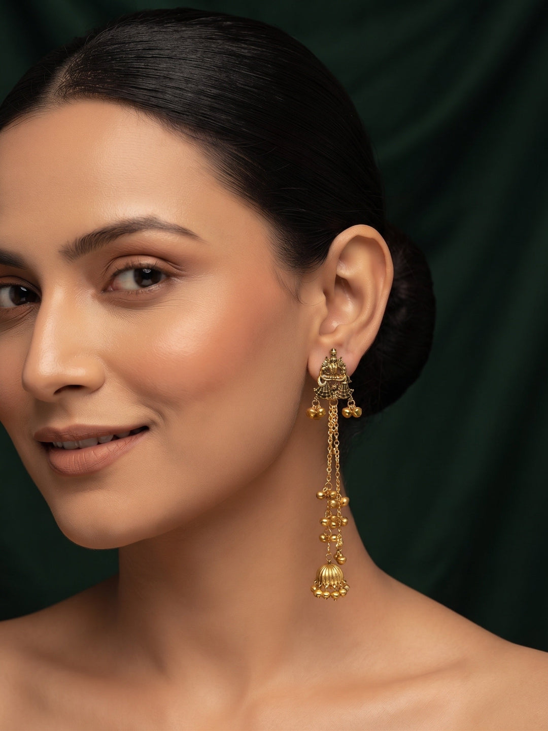 Gold-Toned Oxidised Long Chain Drop Earrings with Ghungroo Charms