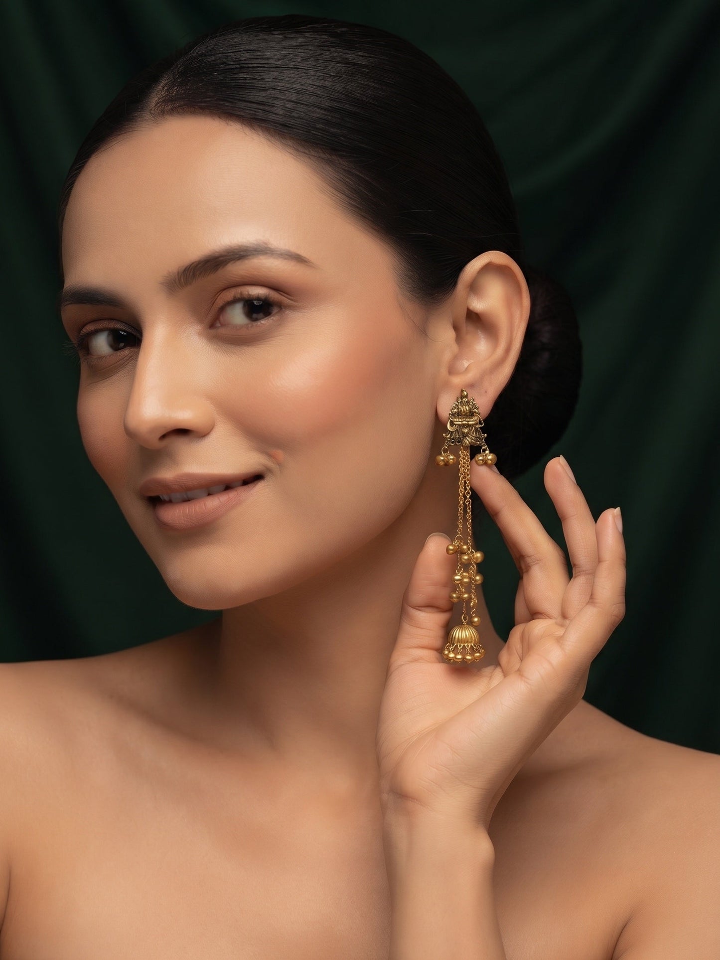 Gold-Toned Oxidised Long Chain Drop Earrings with Ghungroo Charms