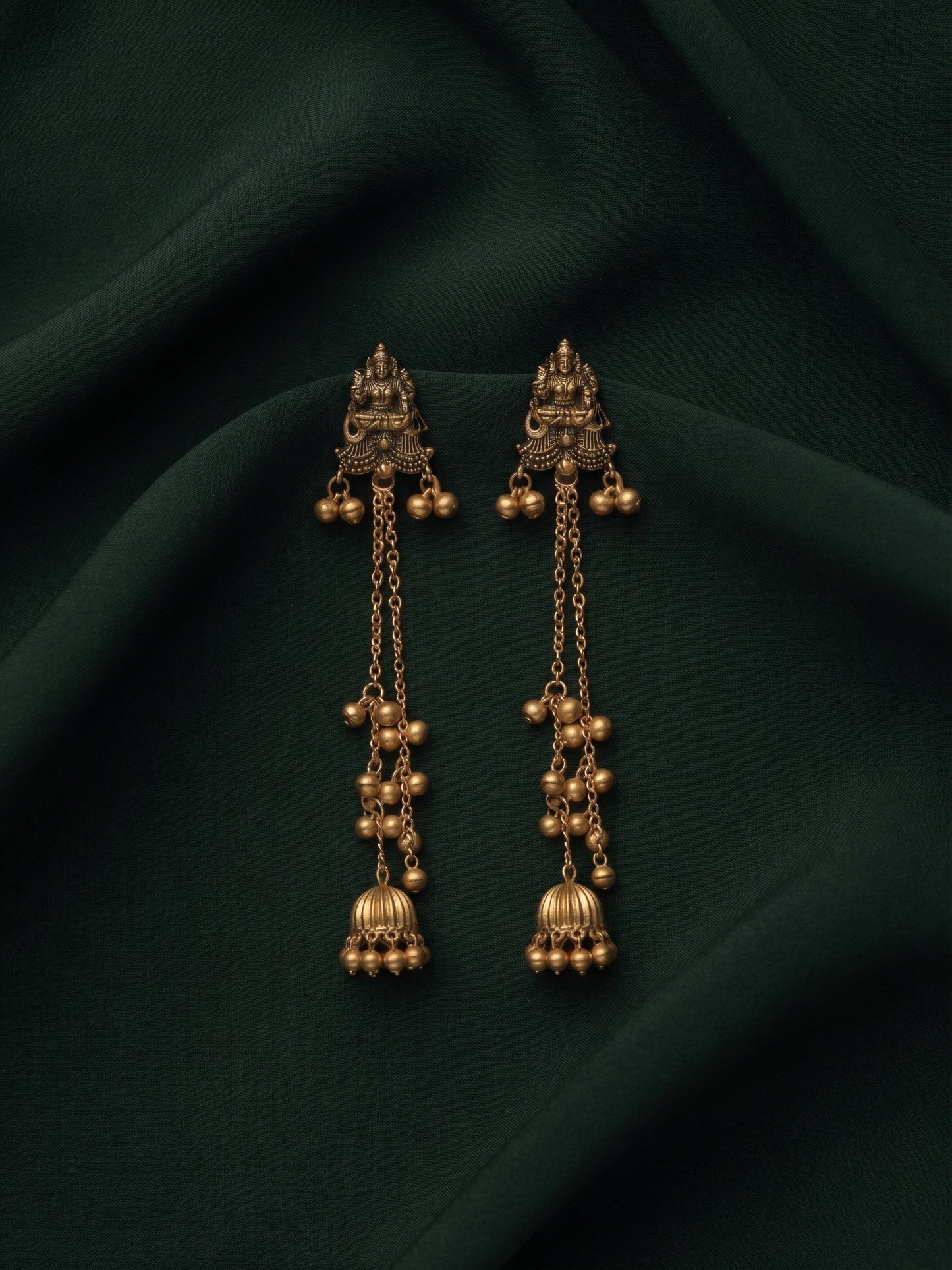 Gold-Toned Oxidised Long Chain Drop Earrings with Ghungroo Charms