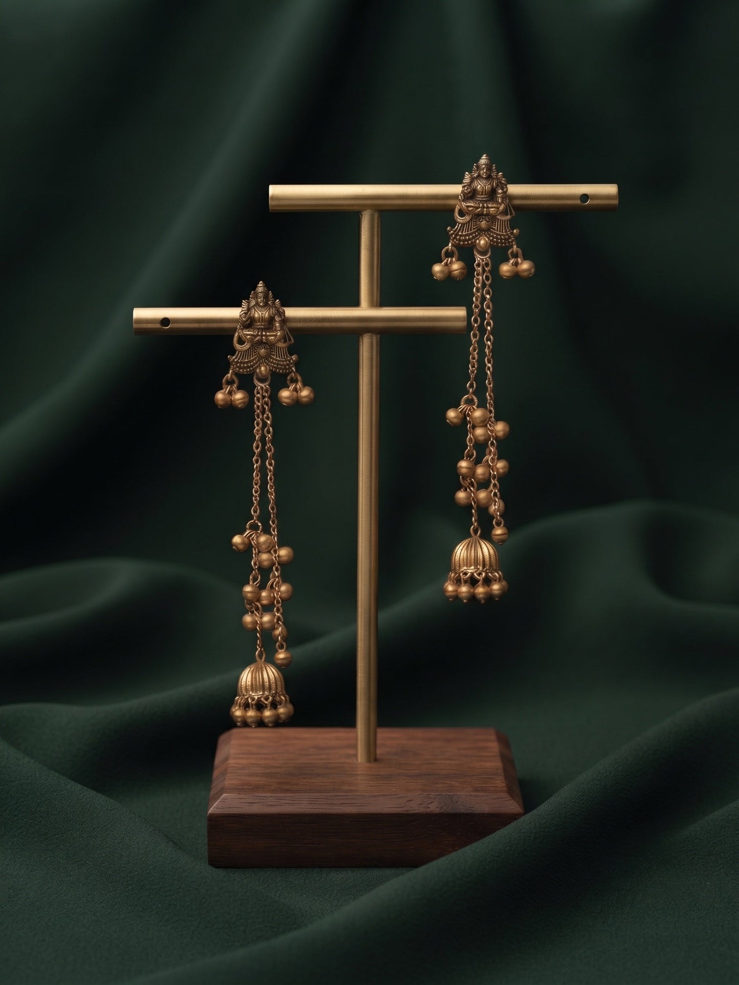 Gold-Toned Oxidised Long Chain Drop Earrings with Ghungroo Charms