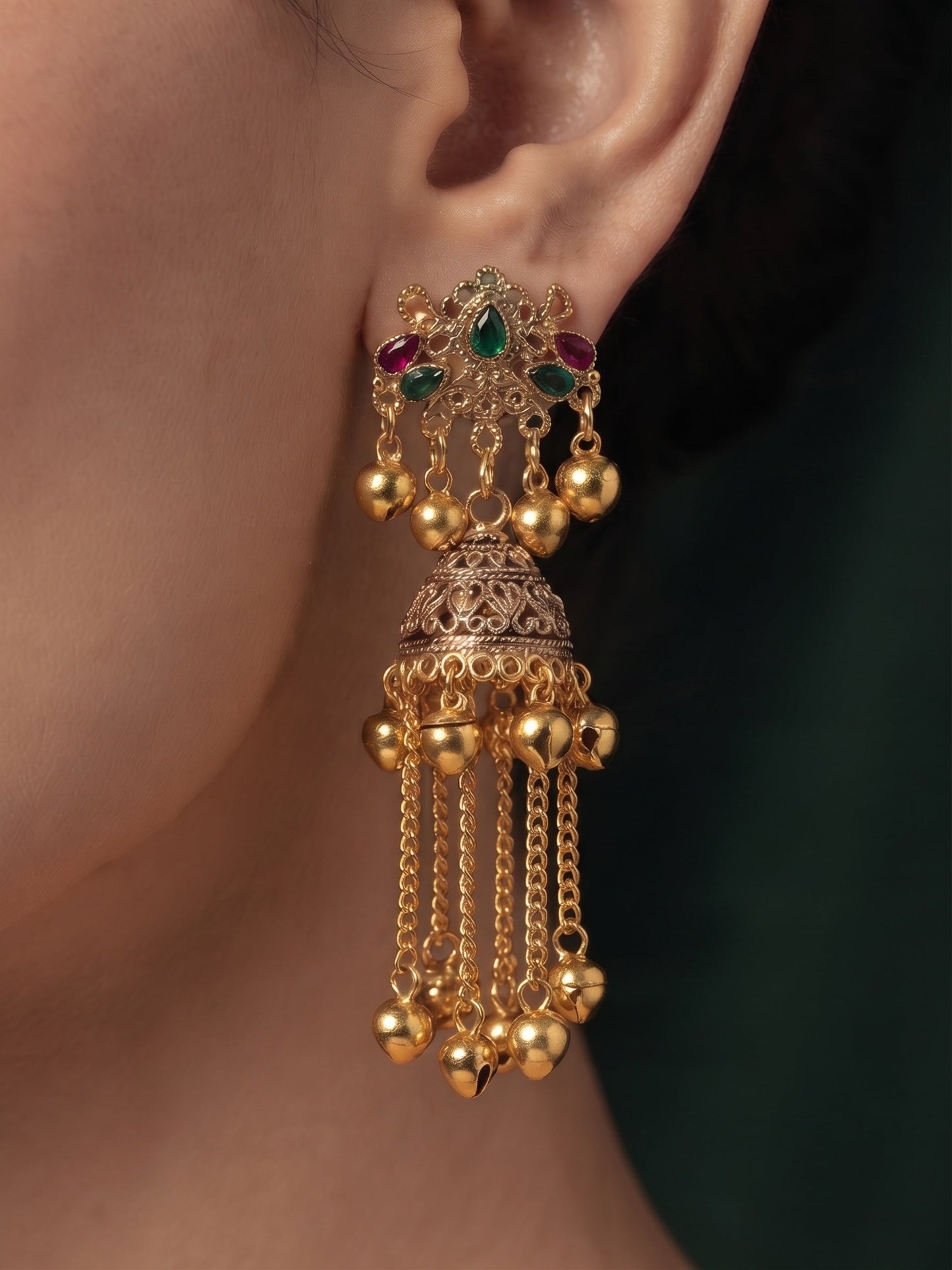 Gold Plated Oxidized With Beaded Traditional Jhumka